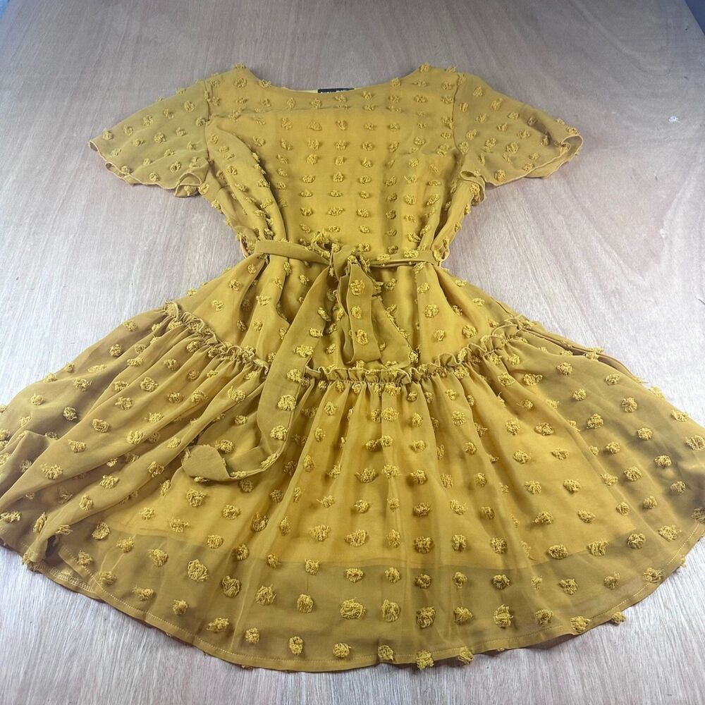 SHEIN Golden Yellow Swiss Dot Short Sleeve Belted Dress Women’s L 35”